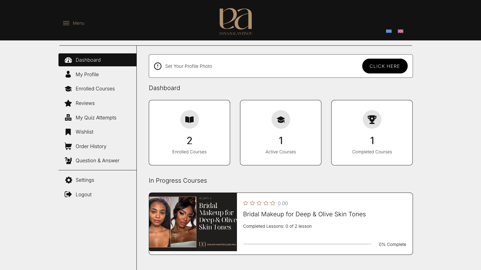 Dashboard — English view